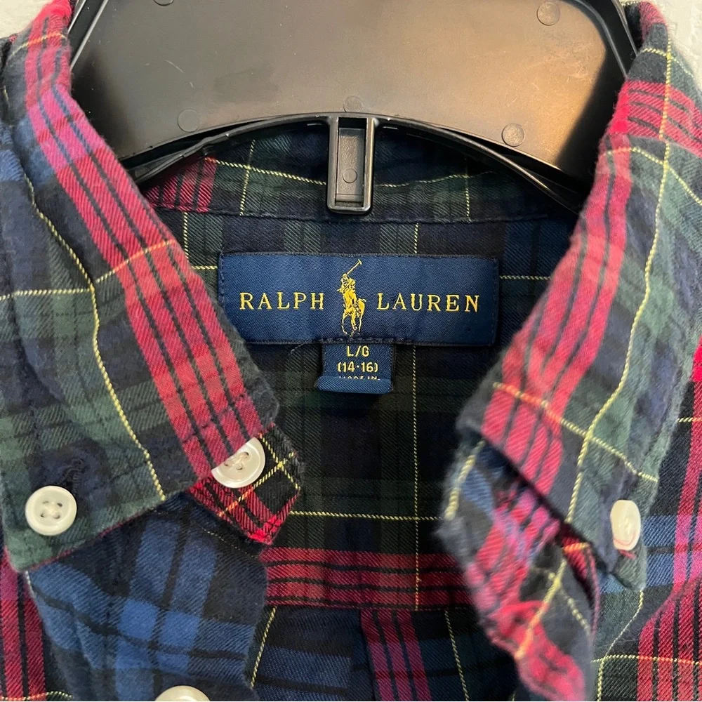 Ralph Lauren Boys Plaid Christmas Button Down Size L
